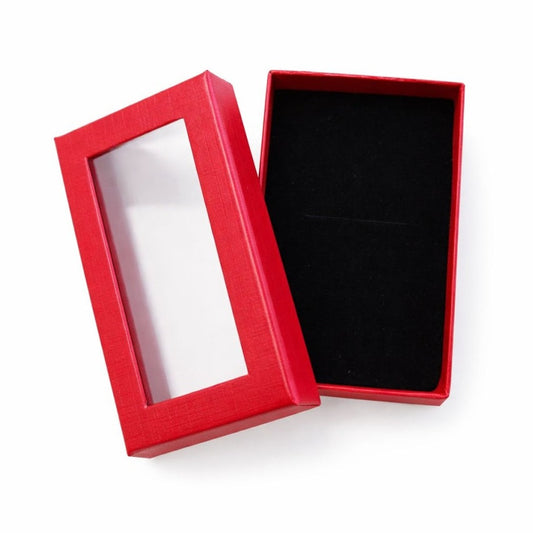 Cutie carton rosie cu fereastra 6.5x8x2.5 cm, interior negru, pentru martisor sau bijuterii