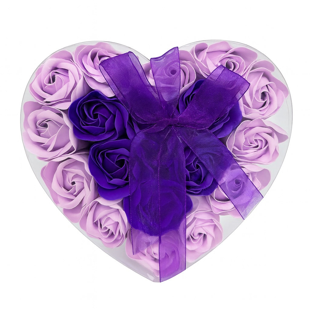 Cutie Inima cu 18 Trandafiri din Sapun Lila si Mov, Cadou Romantic Luxury 15x15 cm
