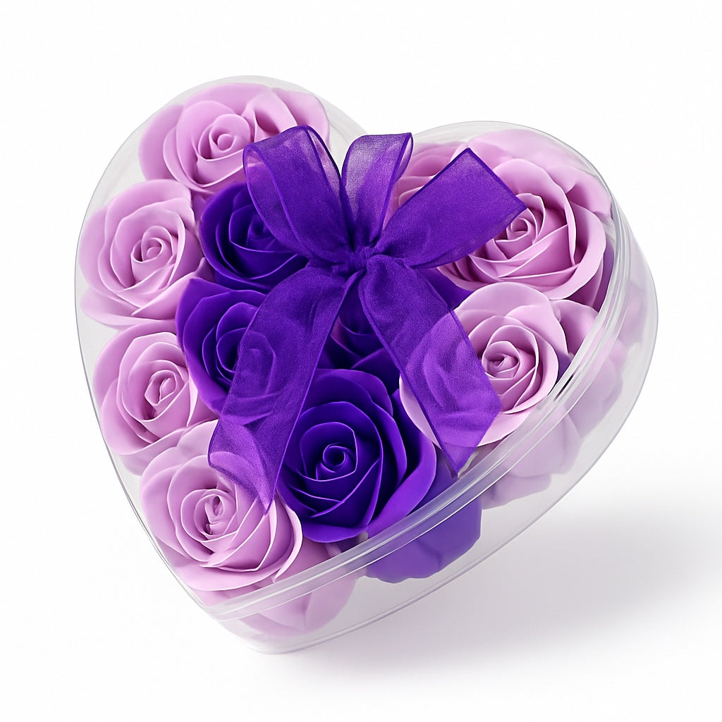 Cutie Inima cu 18 Trandafiri din Sapun Lila si Mov, Cadou Romantic Luxury 15x15 cm