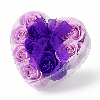 Cutie Inima cu 18 Trandafiri din Sapun Lila si Mov, Cadou Romantic Luxury 15x15 cm
