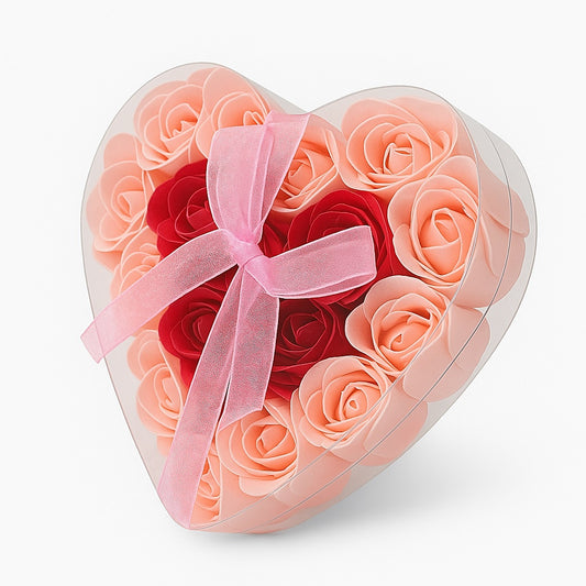 Cutie Inima cu 18 Trandafiri din Sapun Roz si Rosu, Cadou Romantic 15x15 cm