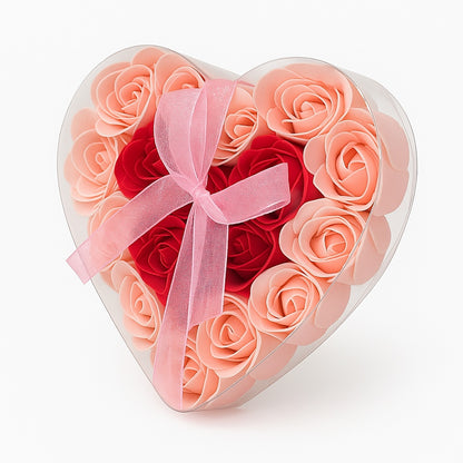 Cutie Inima cu 18 Trandafiri din Sapun Roz si Rosu, Cadou Romantic 15x15 cm