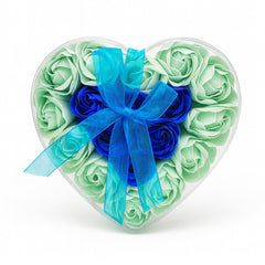 Cutie Inima cu 18 Trandafiri Sapun Blue Mint , Cadou Luxury 15x15 cm