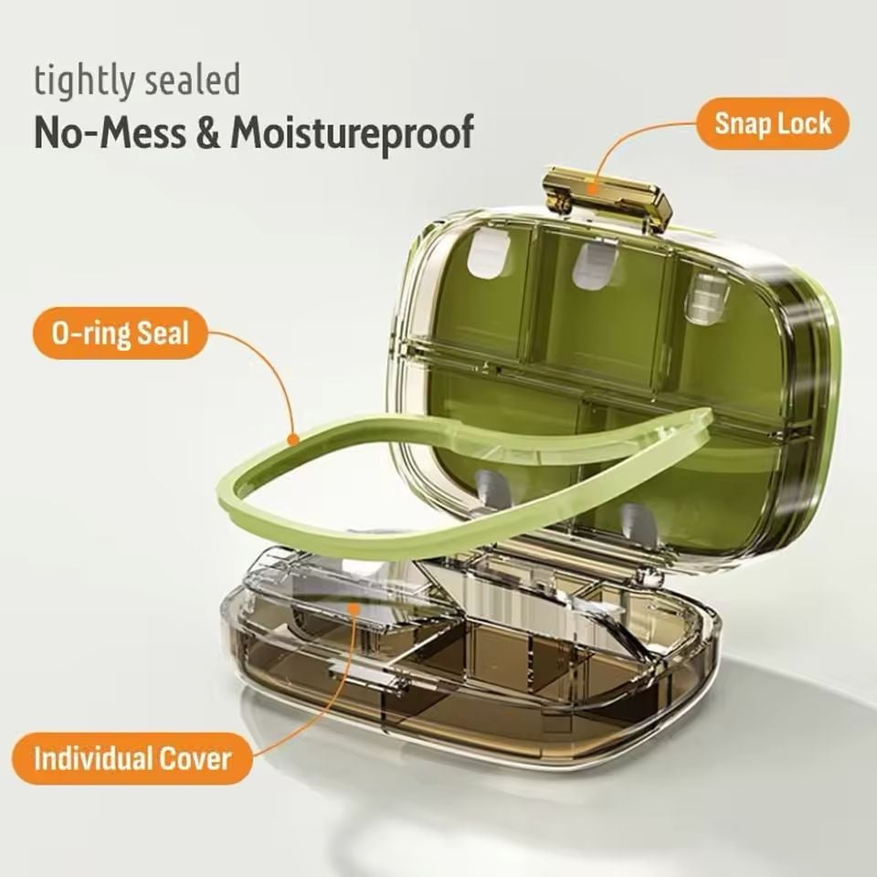 Cutie organizator medicamente cu 8 compartimente si inchidere etansa, verde