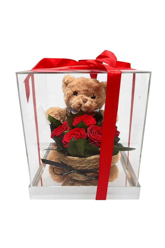 Cutie Premium Teddy Bear cu Trandafiri Criogenati 30x25x24 cm Cadou Romantic