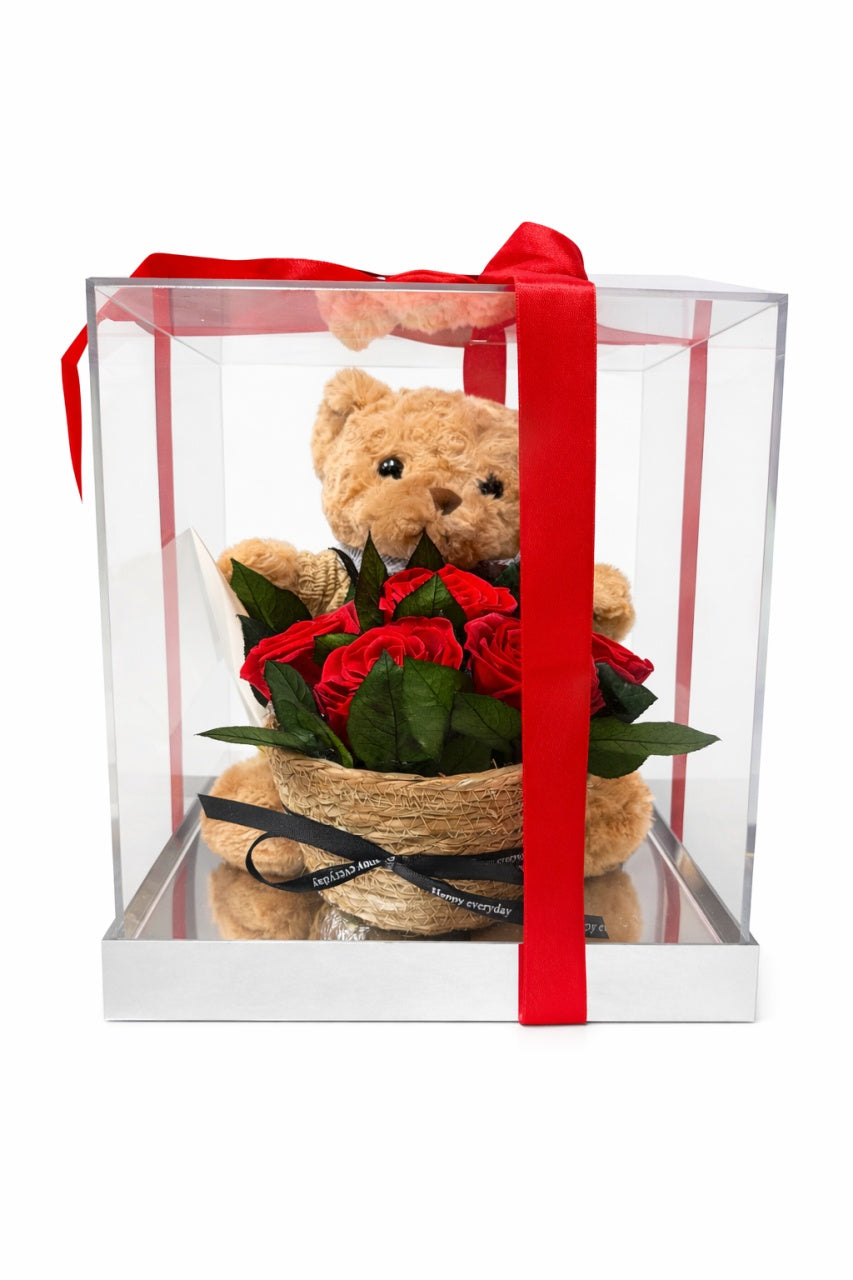 Cutie Premium Teddy Bear cu Trandafiri Criogenati 30x25x24 cm Cadou Romantic
