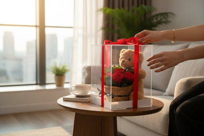 Cutie Premium Teddy Bear cu Trandafiri Criogenati 30x25x24 cm Cadou Romantic