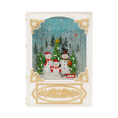 Decoratiune Craciun tip carte cu lumini LED, colinde si ninsoare, baterii si acumulator, 23x16x11cm