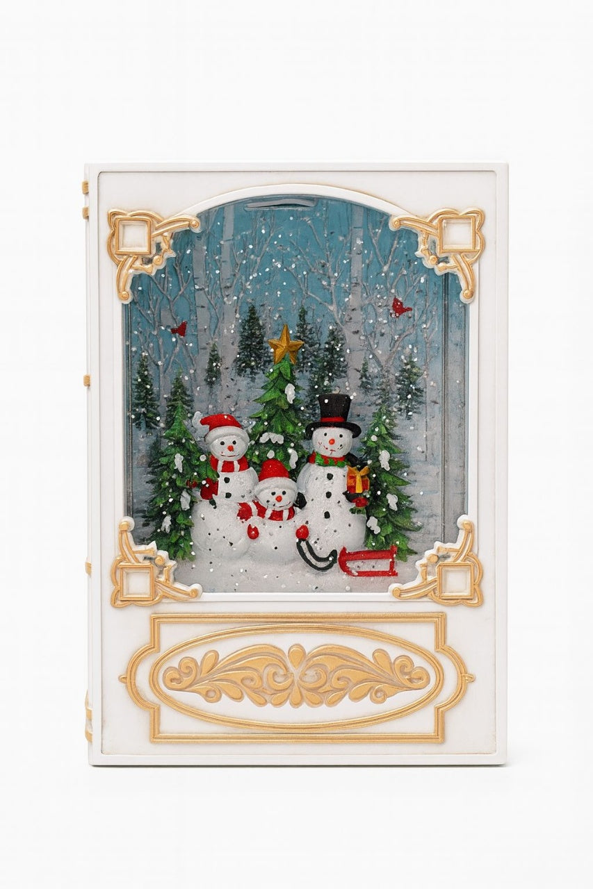 Decoratiune Craciun tip carte cu lumini LED, colinde si ninsoare, baterii si acumulator, 23x16x11cm