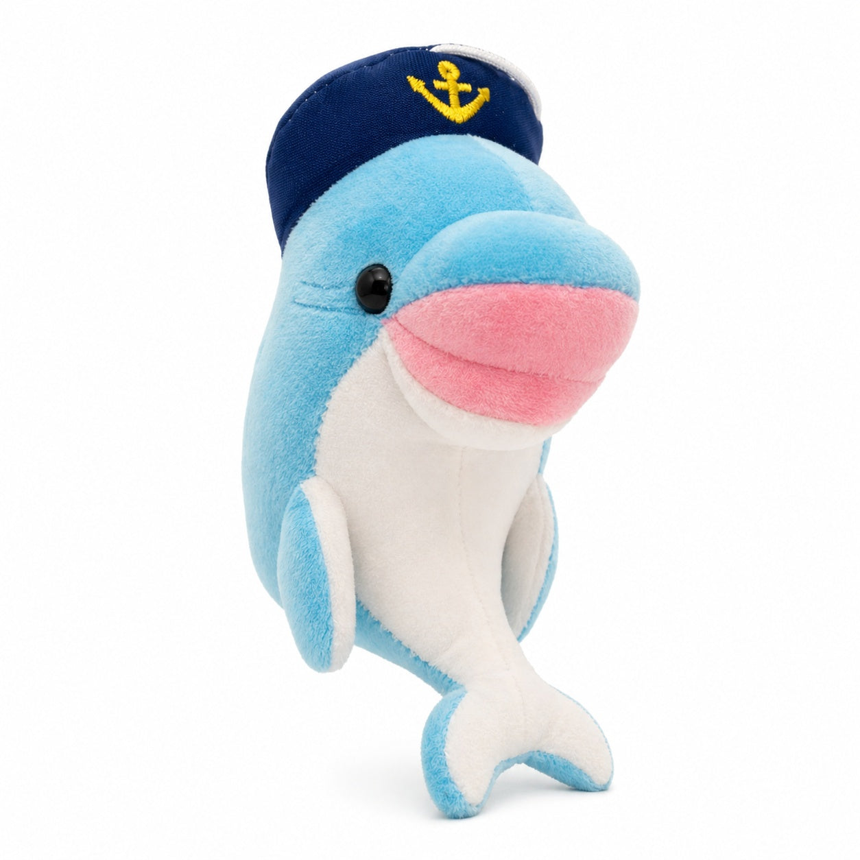 Delfin de plus albastru 20cm cu sepcuta marinar si ventuza pentru geam