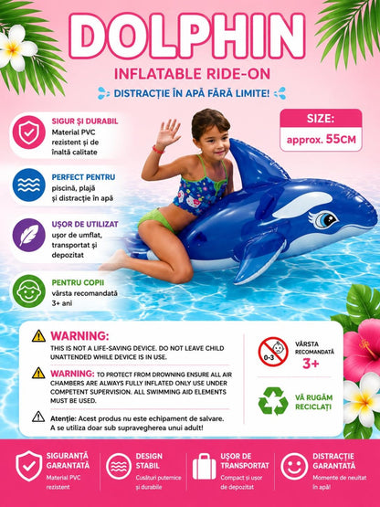 Delfin gonflabil pentru copii, 150x88x55 cm, tip ride-on, ideal pentru piscina si joaca in apa