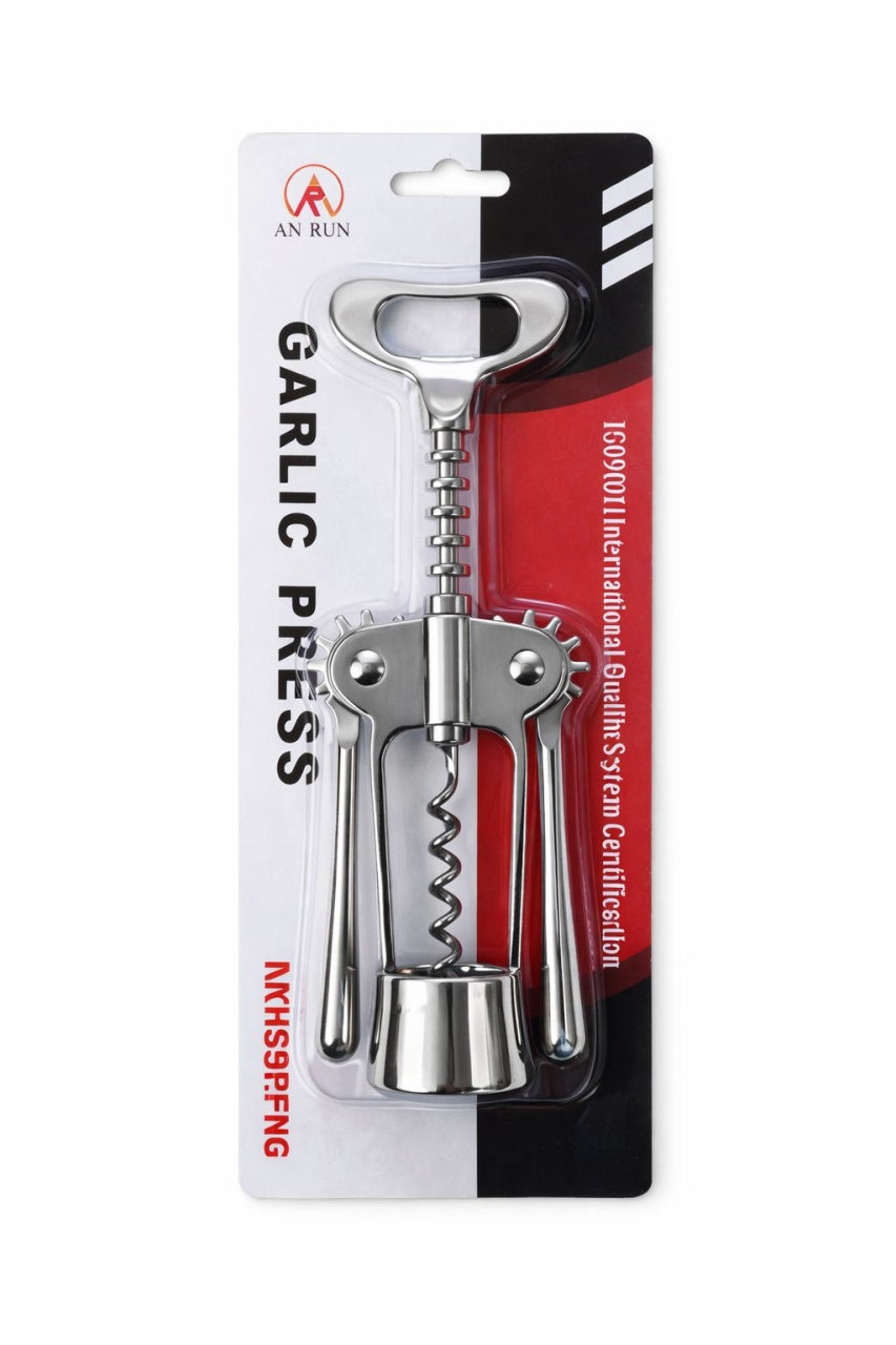 Desfacator manual pentru vin inox, tirbuson cu aripi si deschizator sticle