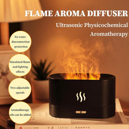 Difuzor aroma cu efect flacara LED, umidificator aer ultrasonic 180ml, aromaterapie, 2 moduri ceata, negru