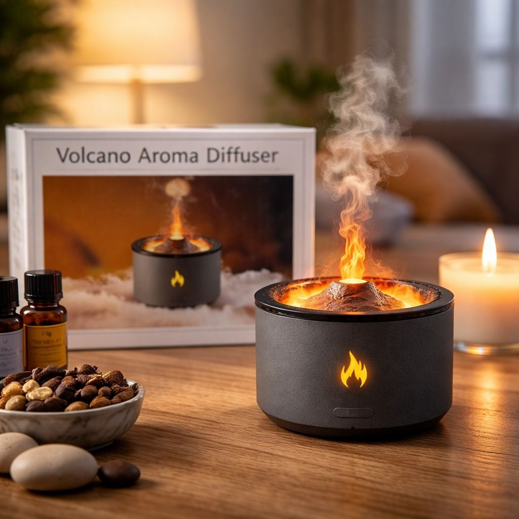 Difuzor aroma tip vulcan cu efect lava si flacara LED, umidificator si aromaterapie