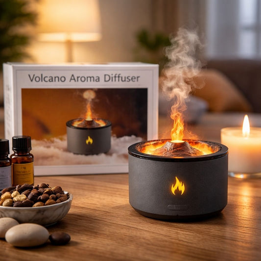 Difuzor aroma tip vulcan cu efect lava si flacara LED, umidificator si aromaterapie