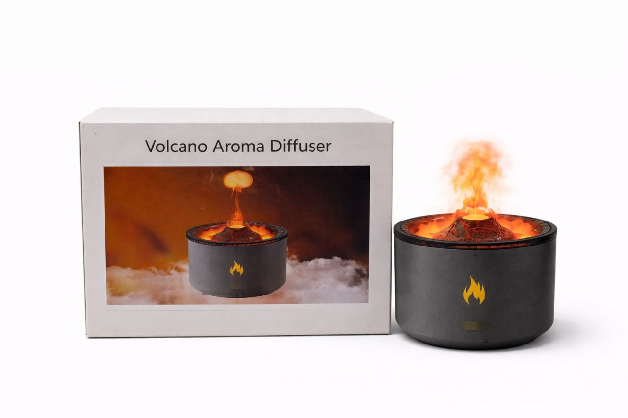 Difuzor aroma tip vulcan cu efect lava si flacara LED, umidificator si aromaterapie