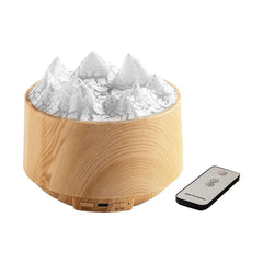 Difuzor Aromaterapie cu Efect Flacara Munte, Umidificator LED 300ml cu Telecomanda, Lemn Deschis