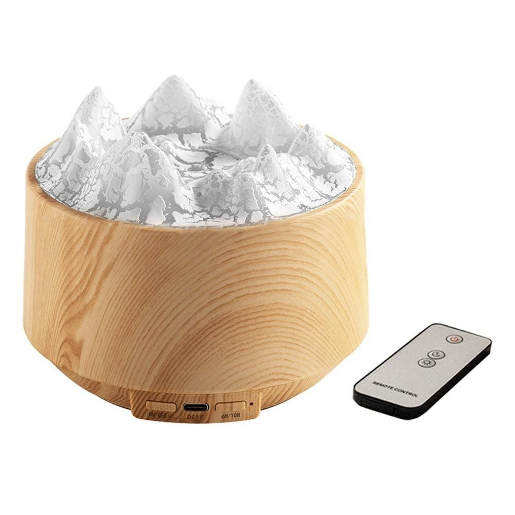 Difuzor Aromaterapie cu Efect Flacara Munte, Umidificator LED 300ml cu Telecomanda, Lemn Deschis