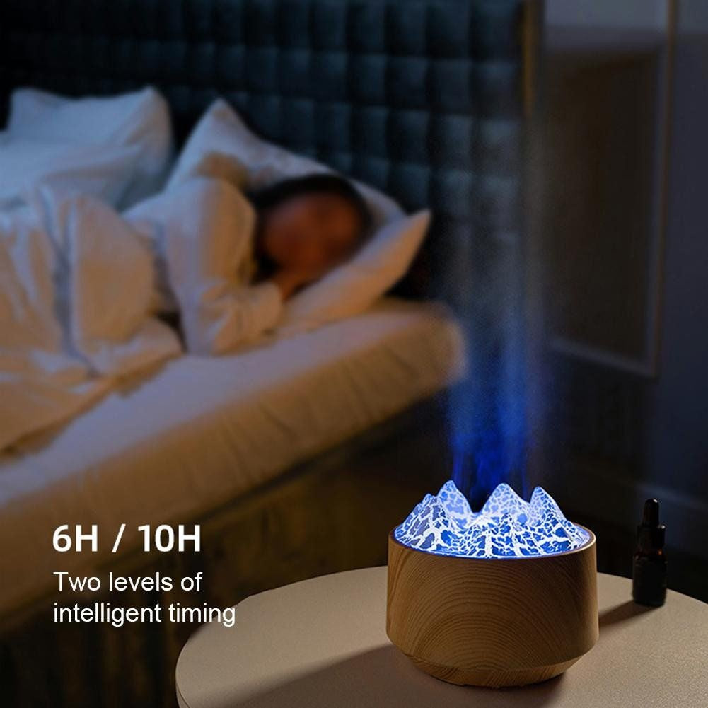 Difuzor Aromaterapie cu Efect Flacara Munte, Umidificator LED, 300ml, USB-C, Mahon Inchis