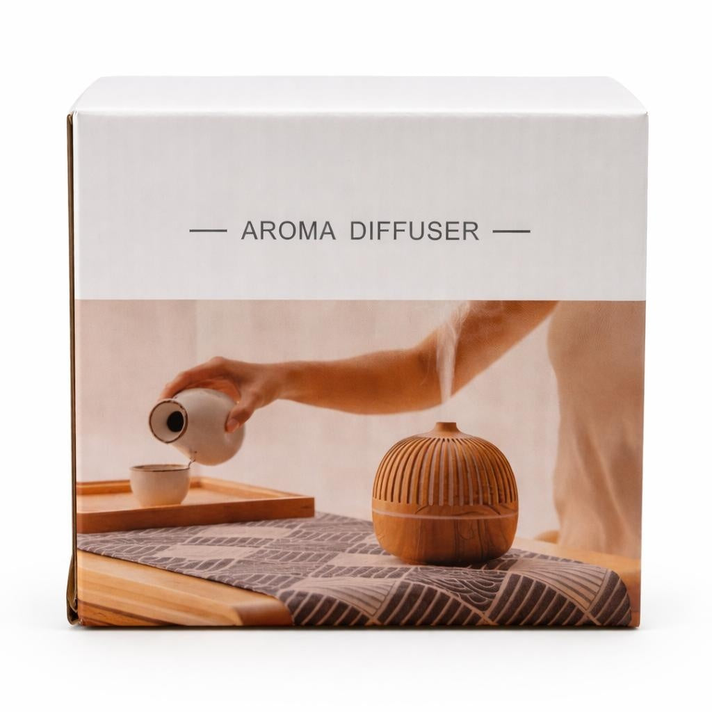 Difuzor aromaterapie cu ultrasunete, umidificator aer cu iluminare LED, design lemn, Wenge