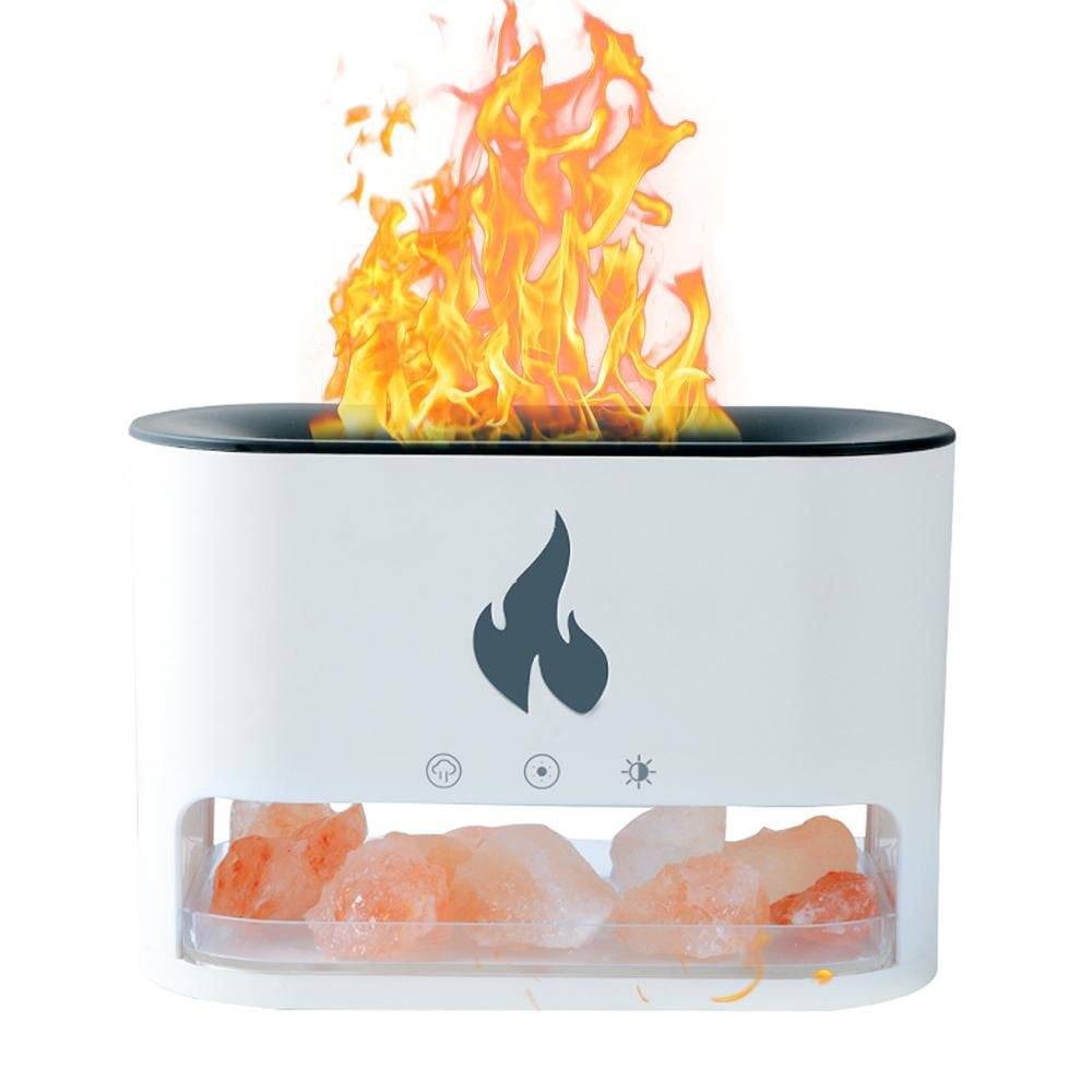 Difuzor aromaterapie flacara LED cu sare Himalaya, umidificator aer silentios USB, alb