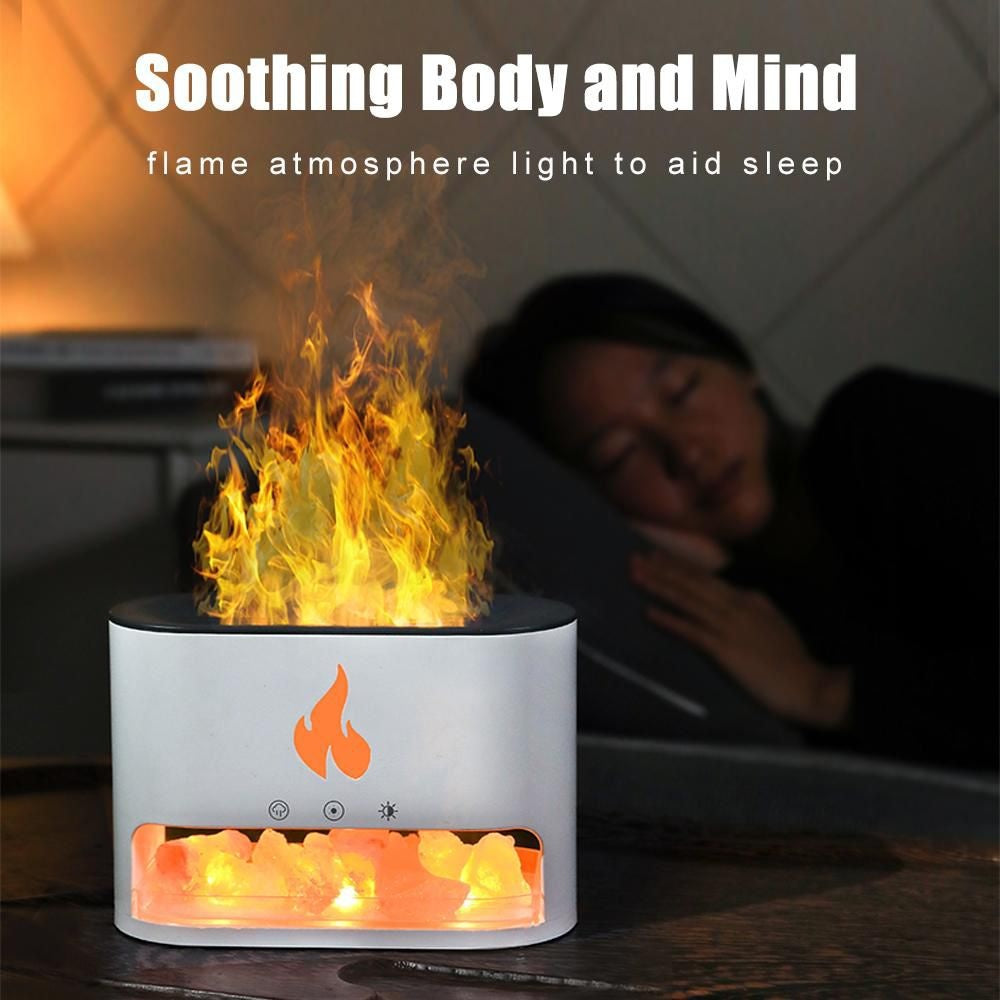 Difuzor aromaterapie flacara LED cu sare Himalaya, umidificator aer silentios USB, alb