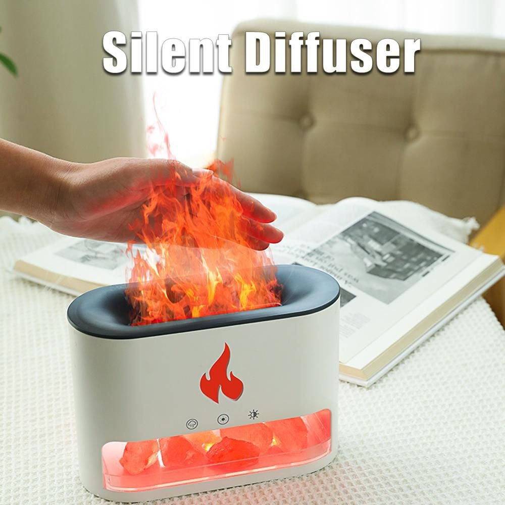 Difuzor aromaterapie flacara LED cu sare Himalaya, umidificator aer silentios USB, alb