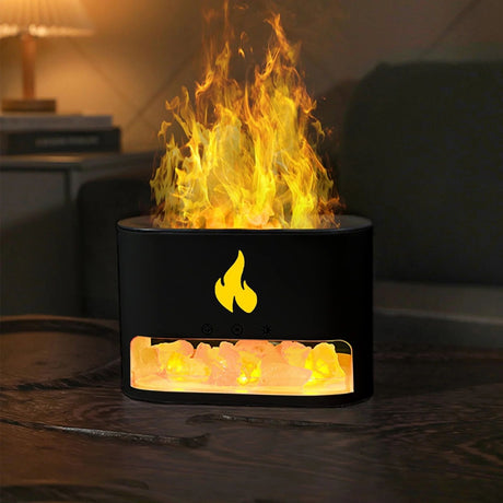 Difuzor aromaterapie flacara LED cu sare Himalaya, umidificator aer silentios USB, negru