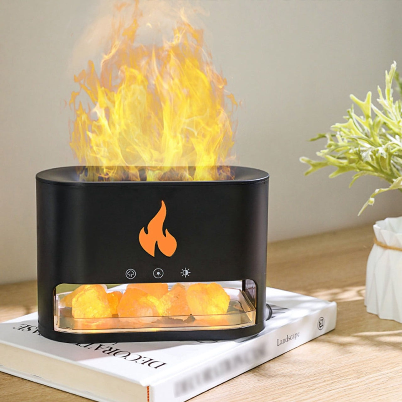 Difuzor aromaterapie flacara LED cu sare Himalaya, umidificator aer silentios USB, negru