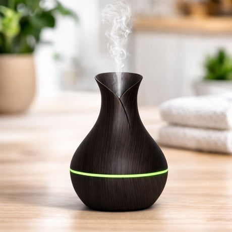 Difuzor aromaterapie ultrasonic 200 ml cu iluminare LED și efect de lemn, negru
