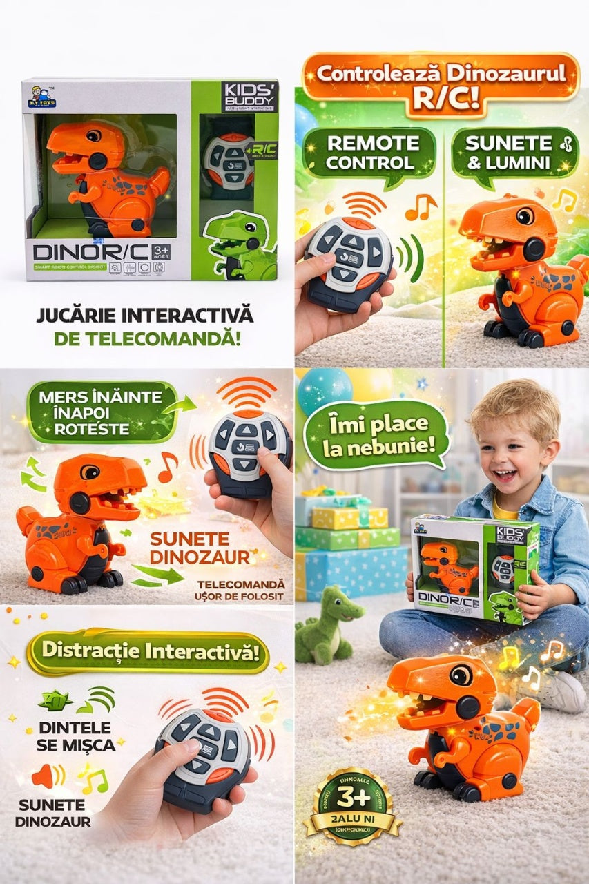 Dinozaur interactiv cu telecomanda R/C, sunete si lumini, miscare automata, portocaliu