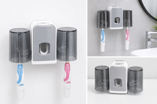 Dispenser pasta de dinti cu suport pentru periute, montare pe perete