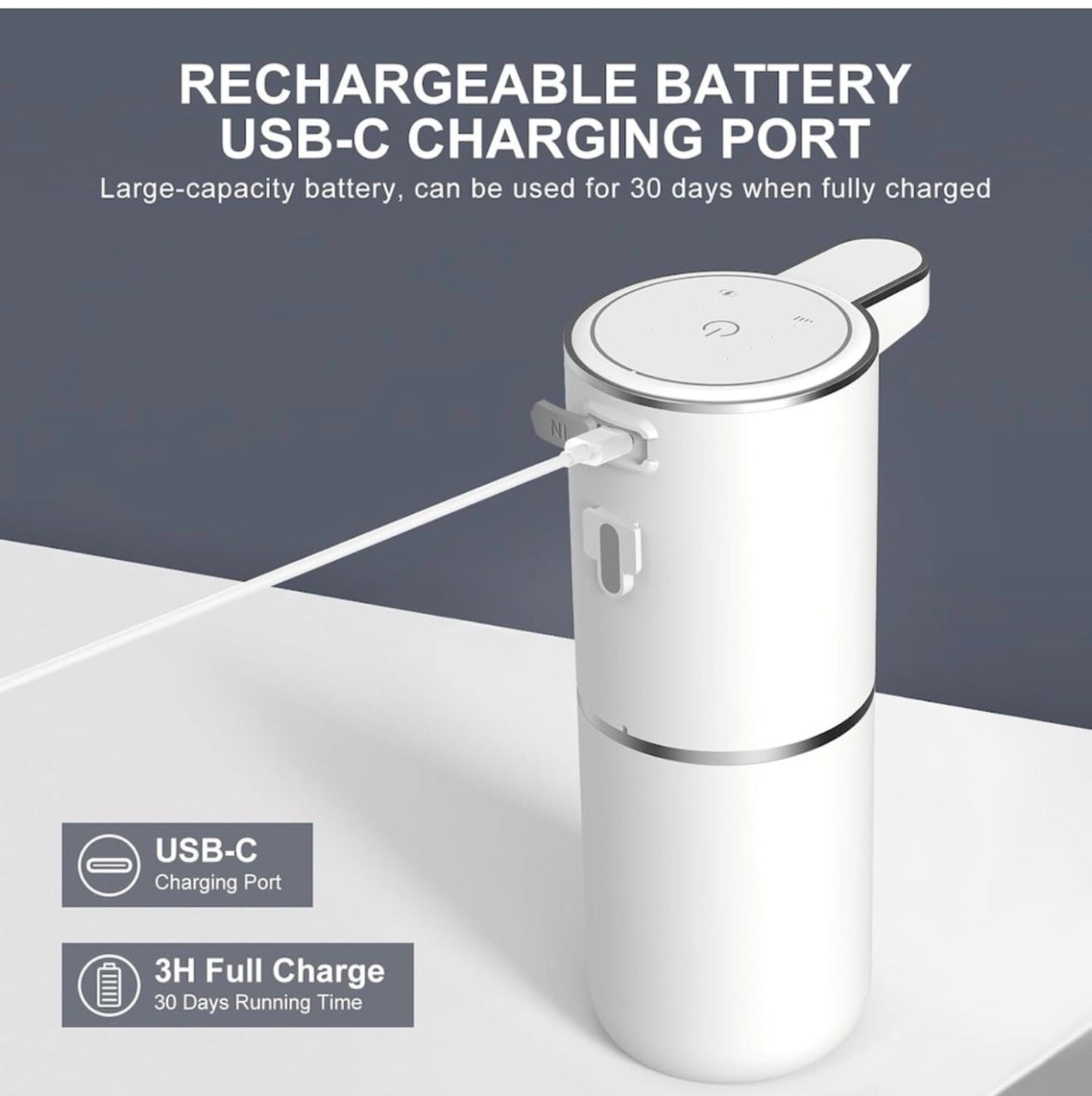 Dozator Automat Sapun cu Senzor, Montare Perete sau Masa, USB-C, Rezervor 380ml, Alb