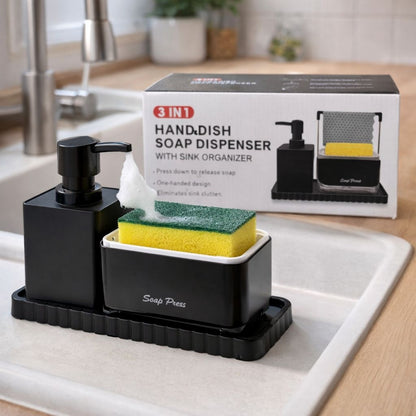 Dozator detergent vase 3 în 1 cu suport burete și organizator pentru chiuvetă