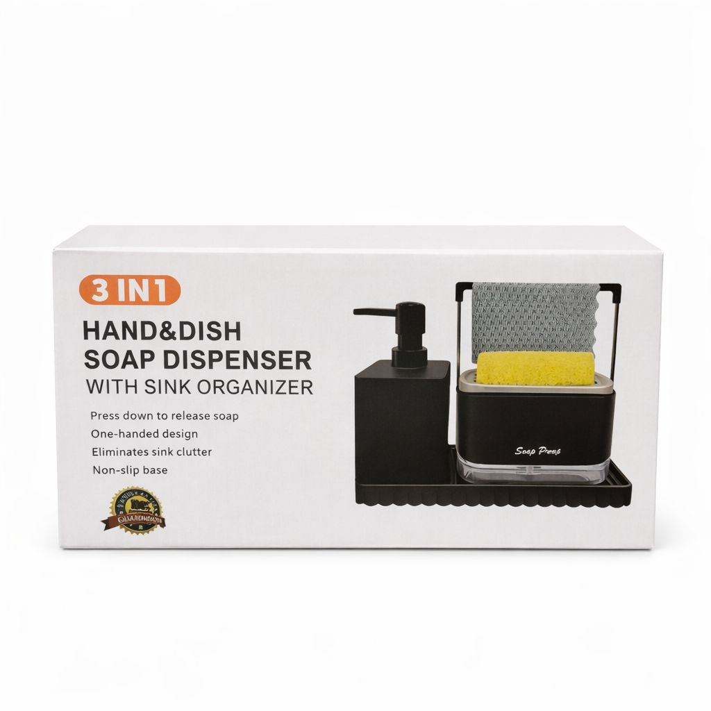 Dozator detergent vase 3 în 1 cu suport burete și organizator pentru chiuvetă