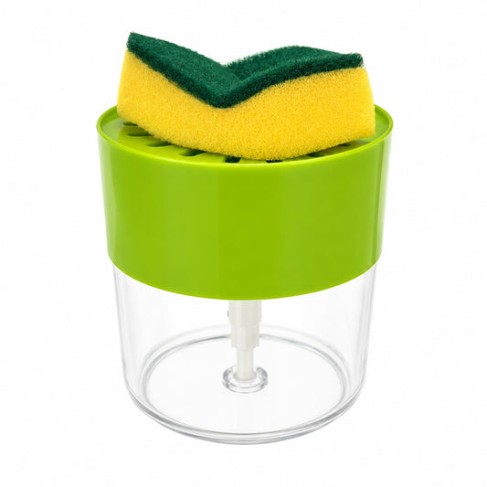 Dozator Sapun Bucatarie cu Burete Inclus, Recipient Detergent Vase, Dispenser Manual pentru Chiuveta, 13x12 cm, Verde