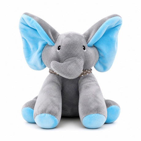 Elefant de plus interactiv cu urechi albastre, 30cm , repeta si imita sunete copii