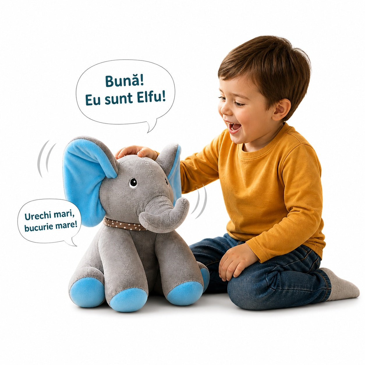Elefant de plus interactiv cu urechi albastre, 30cm , repeta si imita sunete copii