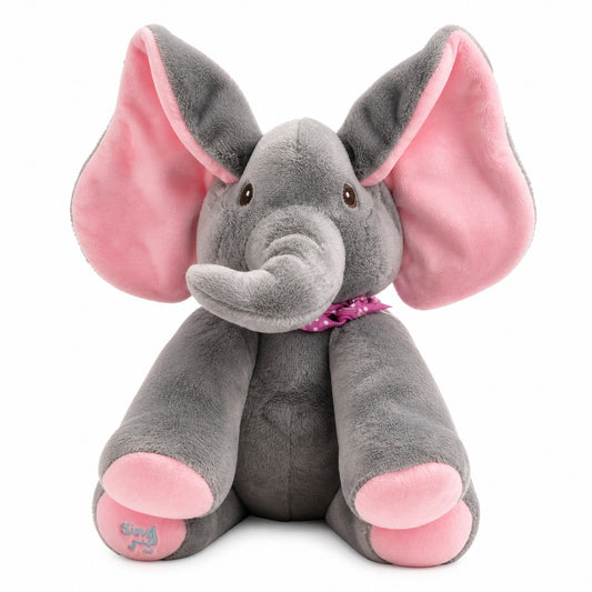 Elefant de plus interactiv cu urechi roz, 30cm, , repeta si imita sunete copii