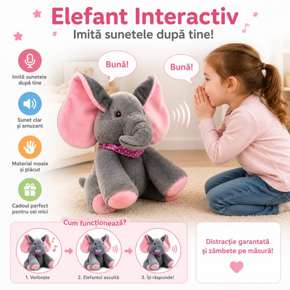 Elefant de plus interactiv cu urechi roz, 30cm, , repeta si imita sunete copii