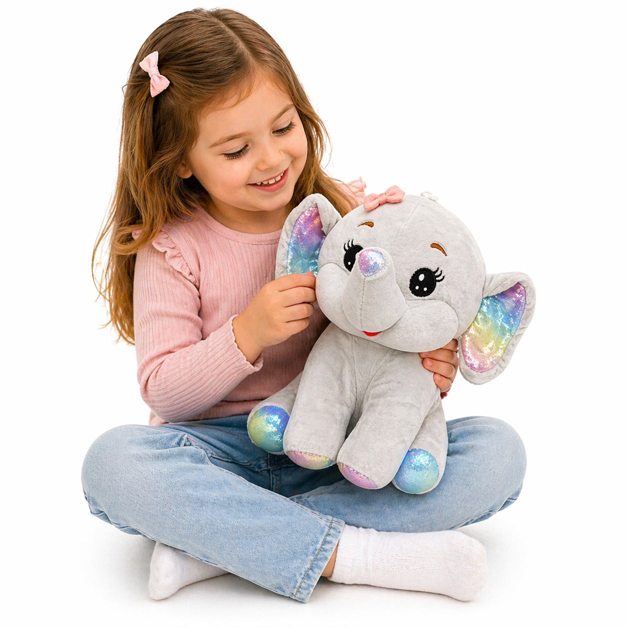Elefantel de plus 26cm gri, jucarie moale cu urechi colorate pentru copii