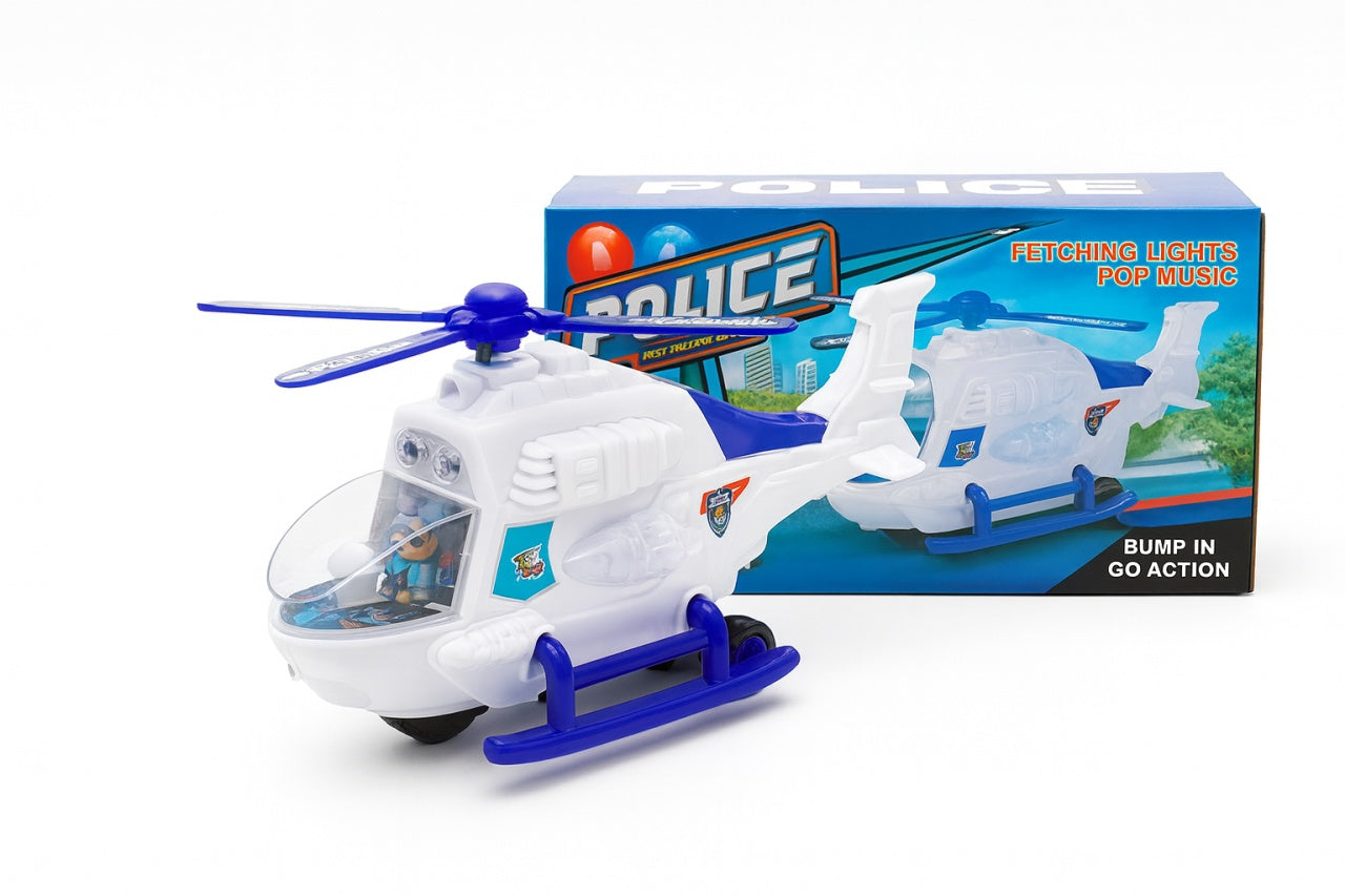 Elicopter Politie Jucarie 22x10 cm cu Lumini, Sunete si Bump Go , Vehicul Interactiv pe Baterii