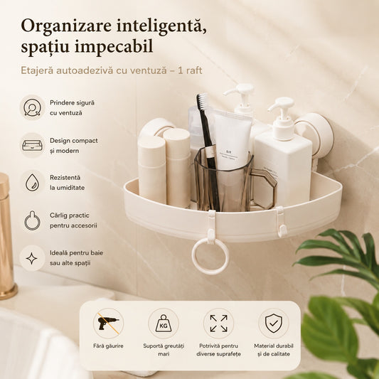 Etajera colt cu 1 raft si ventuze, suport depozitare baie sau bucatarie