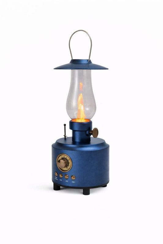 Felinar LED vintage cu efect flacara realist, boxa wireless, USB si TF, decor ambient si camping, albastru