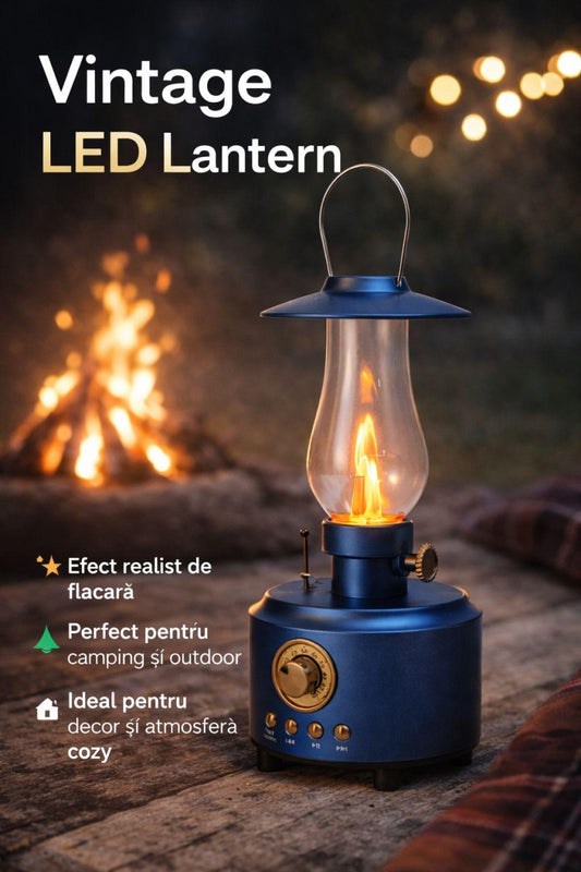 Felinar LED vintage cu efect flacara realist, boxa wireless, USB si TF, decor ambient si camping, albastru