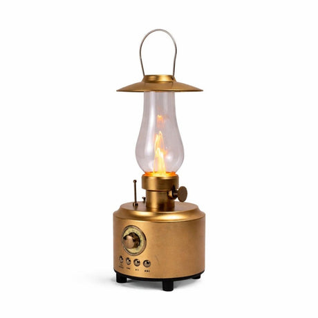 Felinar LED vintage cu efect flacara realist, boxa wireless, USB si TF, decor ambient si camping, auriu