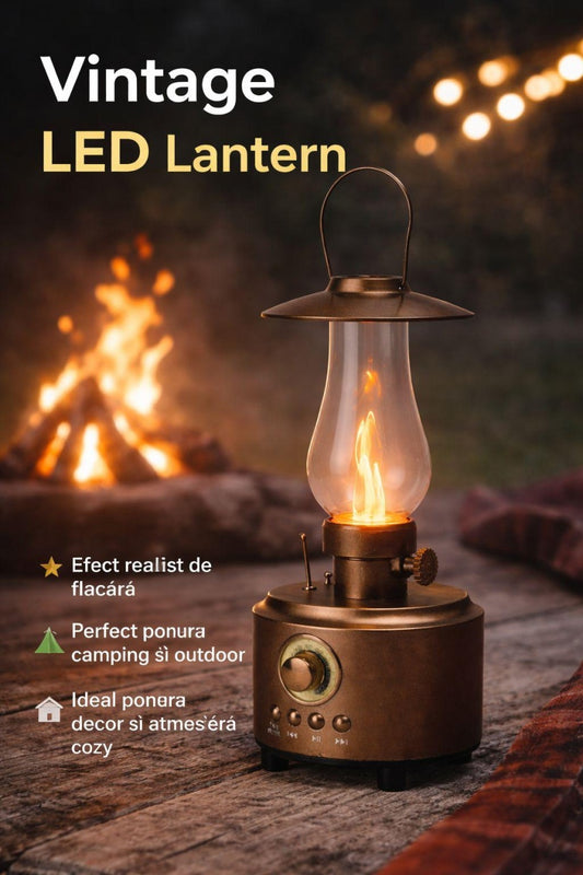 Felinar LED vintage cu efect flacara realist, boxa wireless, USB si TF, decor ambient si camping, auriu
