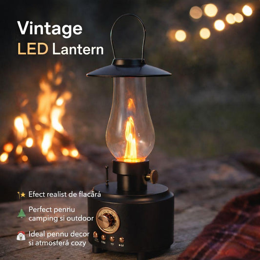 Felinar LED vintage cu efect flacara realist, reincarcabil, decor ambient si camping, culoare negru