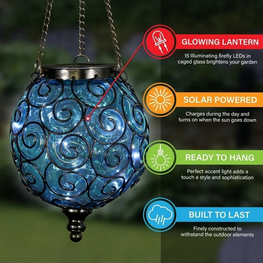 Felinar solar decorativ de grădină LED, sticlă albastră și metal, 15 LED-uri