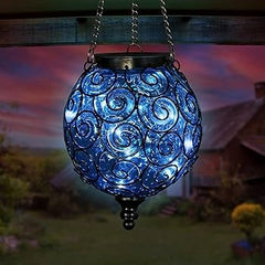 Felinar solar decorativ de grădină LED, sticlă albastră și metal, 15 LED-uri